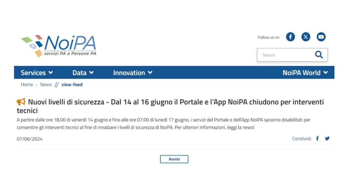 Sicurezza NoiPA, portale degli stipendi inattivo per manutenzione: l'avviso ufficiale - Avviso Sicurezza NoiPA 7 giugno 2024