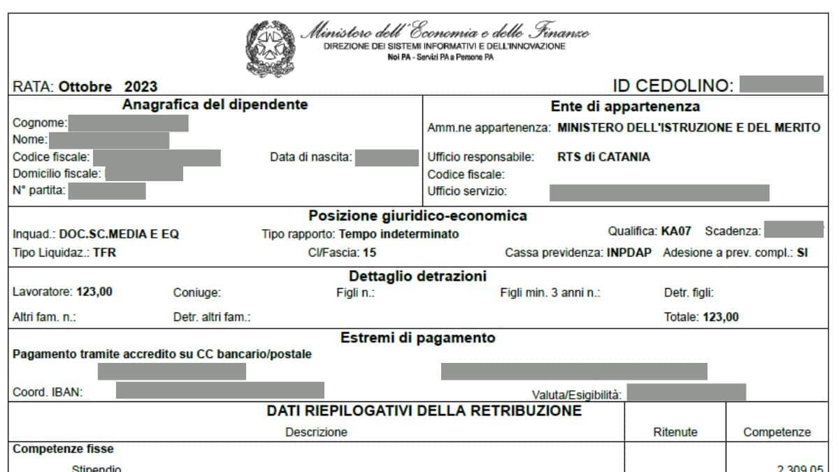Ritardi degli stipendi per le supplenze brevi e temporanee 2024/25: le istruzioni del MiM alle scuole [NOTA] - Cedolino dello stipendio NoiPA