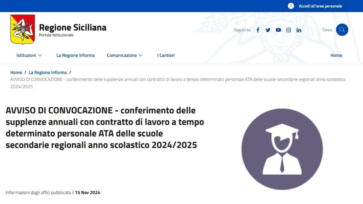 Supplenze annuali ATA 2024/25 USR Sicilia Scuole Regionali: convocazione scuole secondarie regionali [AVVISO] - Avviso Convocazione Personale ATA Regione Sicilia