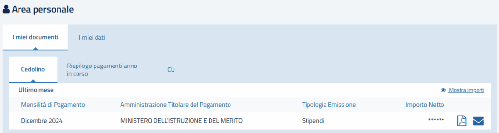 La busta blu accanto all'icona del cedolino in PDF